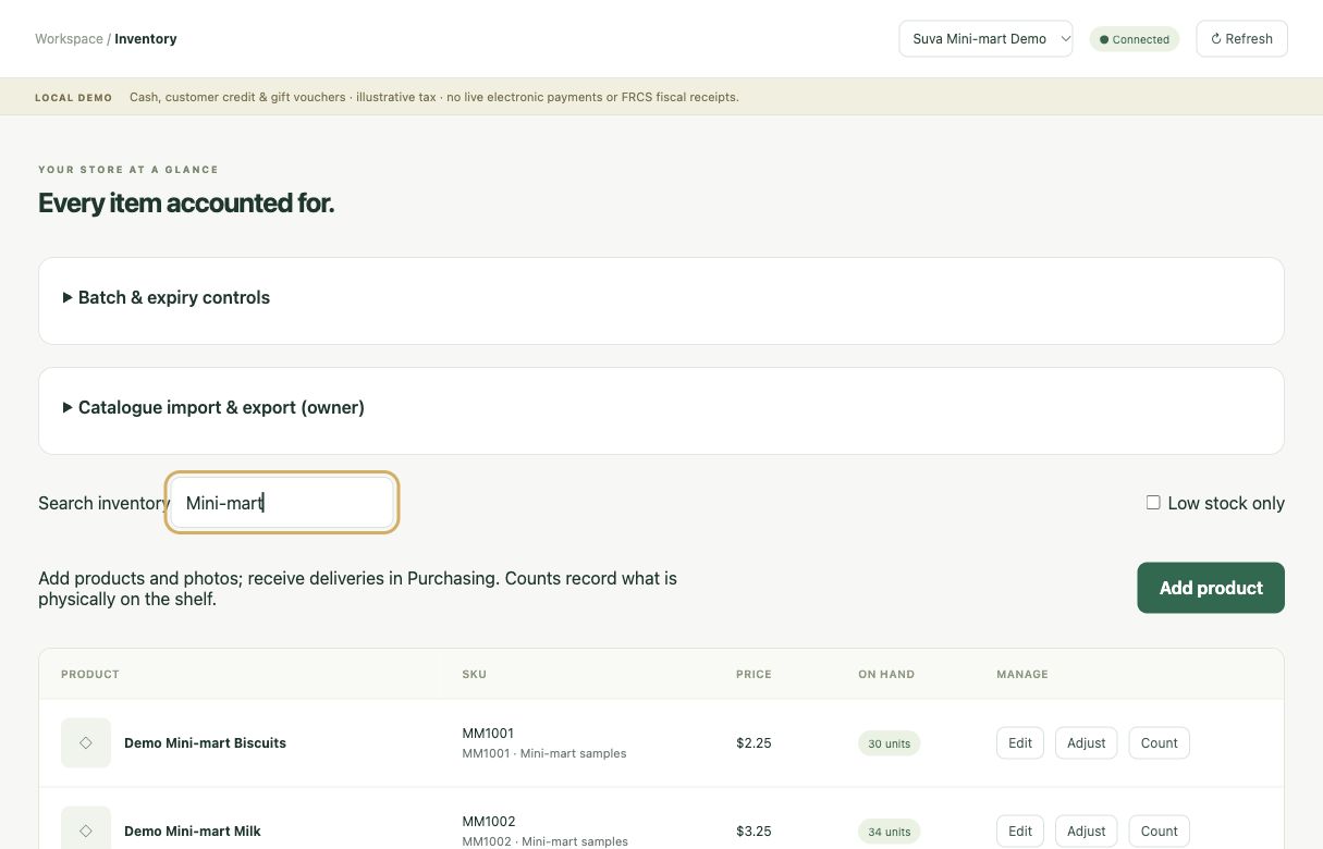 Tillometry development inventory screen showing sample products, on-hand quantities and edit, adjust and count controls
